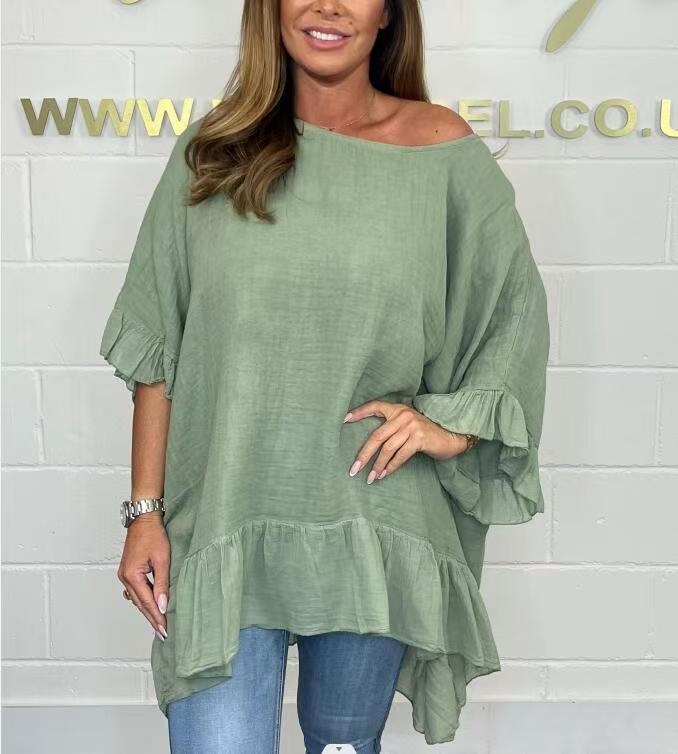 Loose, pleated blouses with an off-the-shoulder neckline for women — elegant and feminine