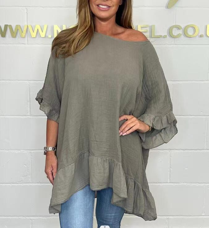 Loose, pleated blouses with an off-the-shoulder neckline for women — elegant and feminine