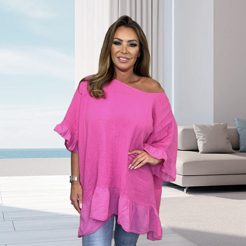 Loose, pleated blouses with an off-the-shoulder neckline for women — elegant and feminine