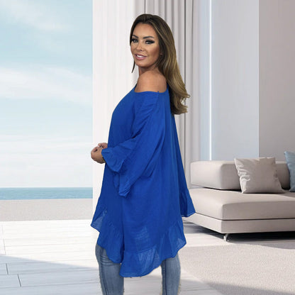 Loose, pleated blouses with an off-the-shoulder neckline for women — elegant and feminine