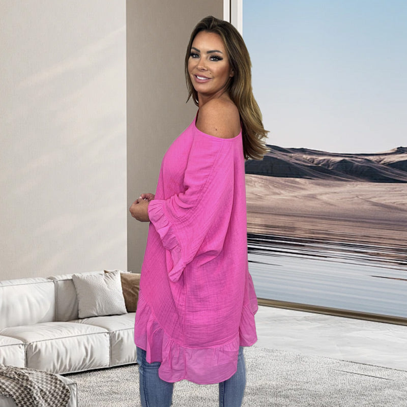 Loose, pleated blouses with an off-the-shoulder neckline for women — elegant and feminine