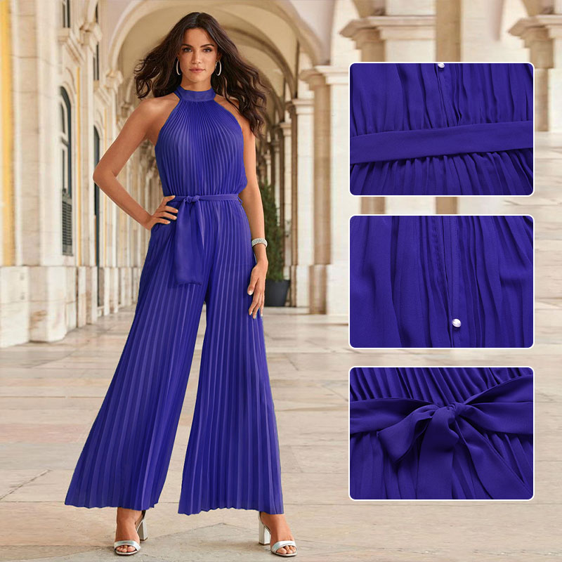 Women’s Sleeveless Ice Silk Pleated Wide-Leg Jumpsuit
