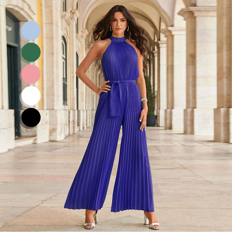 Women’s Sleeveless Ice Silk Pleated Wide-Leg Jumpsuit