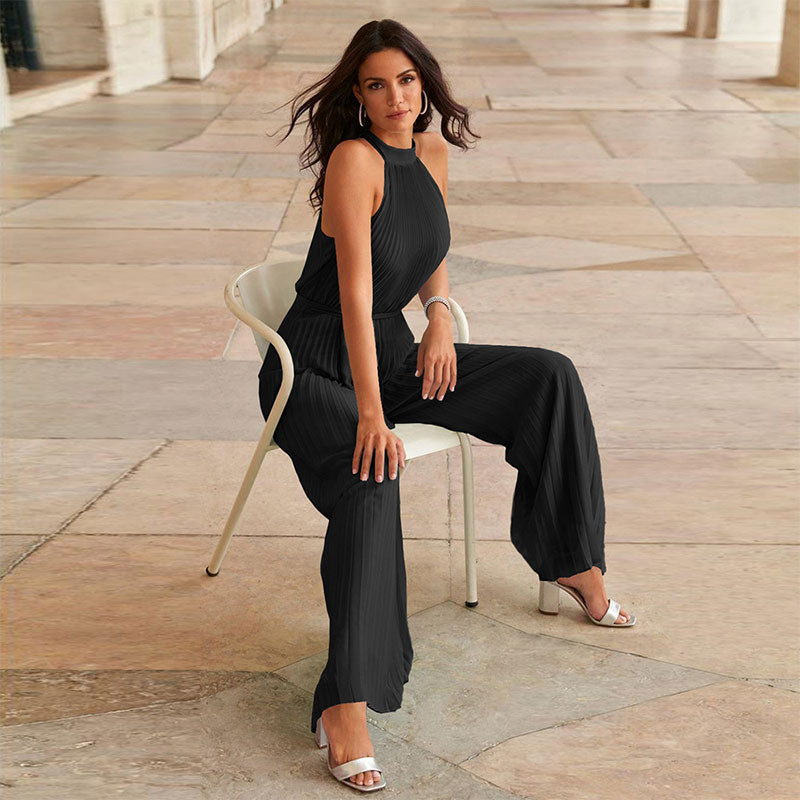 Women’s Sleeveless Ice Silk Pleated Wide-Leg Jumpsuit