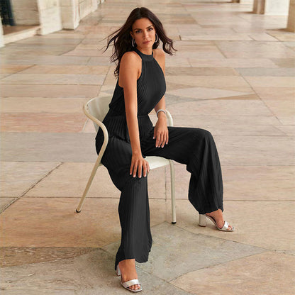 Women’s Sleeveless Ice Silk Pleated Wide-Leg Jumpsuit