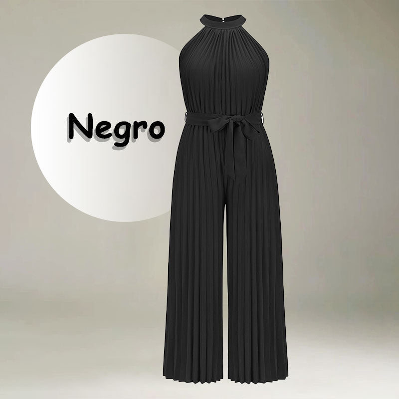 Women’s Sleeveless Ice Silk Pleated Wide-Leg Jumpsuit