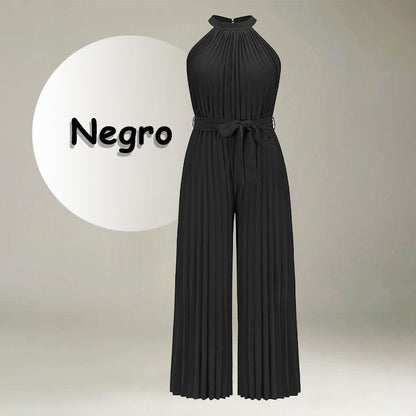 Women’s Sleeveless Ice Silk Pleated Wide-Leg Jumpsuit