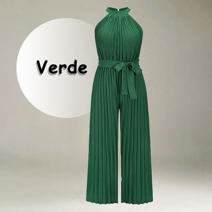 Women’s Sleeveless Ice Silk Pleated Wide-Leg Jumpsuit