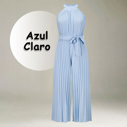 Women’s Sleeveless Ice Silk Pleated Wide-Leg Jumpsuit