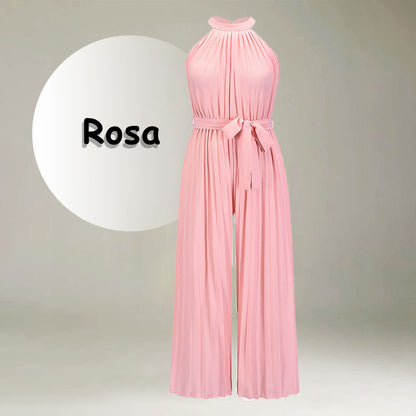 Women’s Sleeveless Ice Silk Pleated Wide-Leg Jumpsuit