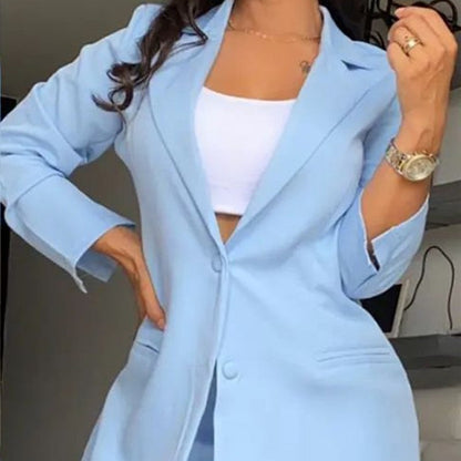 Two-piece women's trendy set: chic blazer and straight-leg pants with pockets, solid color