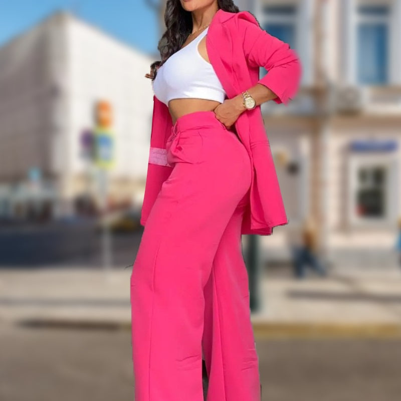 Two-piece women's trendy set: chic blazer and straight-leg pants with pockets, solid color