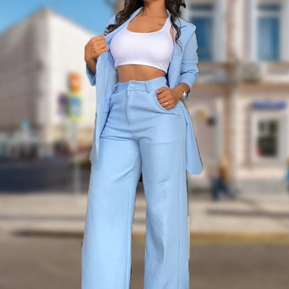 Two-piece women's trendy set: chic blazer and straight-leg pants with pockets, solid color