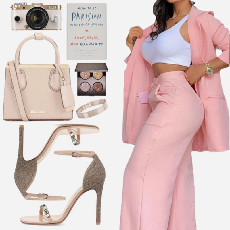 Two-piece women's trendy set: chic blazer and straight-leg pants with pockets, solid color
