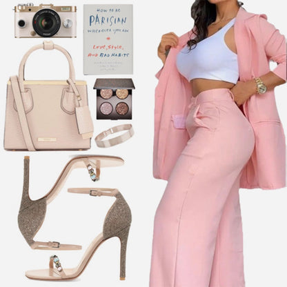 Two-piece women's trendy set: chic blazer and straight-leg pants with pockets, solid color