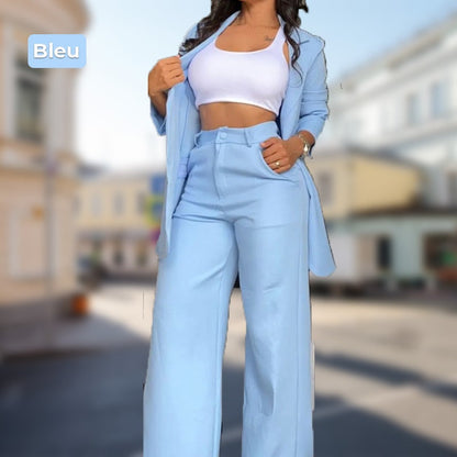 Two-piece women's trendy set: chic blazer and straight-leg pants with pockets, solid color